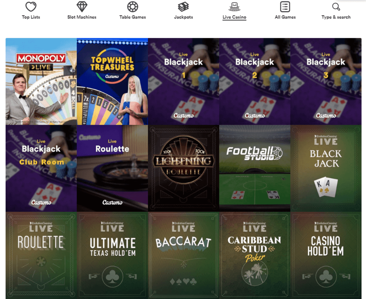 Casumo Casino Live Casino evolution gaming, NetEnt and more